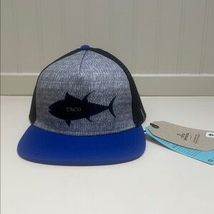 NWT PrAna Unisex Journeyman Trucker Flat Brim Hat Admiral  Blue Fish Taco OS